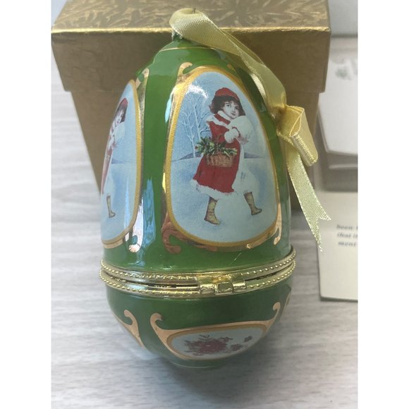 Mr Christmas Musical Egg Shaped Ornament Green Trinket Box Valerie Parr Hill - Picture 4 of 9